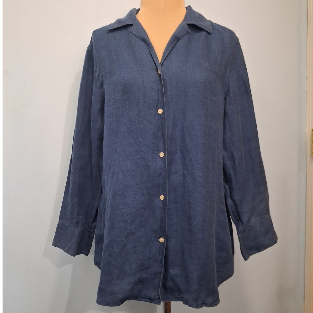 Lauren Ralph Lauren Blue 100% Linen Herringbone Button Down Shirt Womens Medium